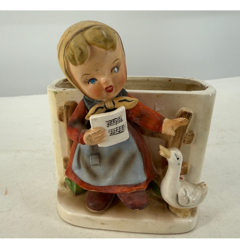 Vintage Napco Girl w/ Goose Wall Pocket Planter C3495 Japan 1958 Ceramic